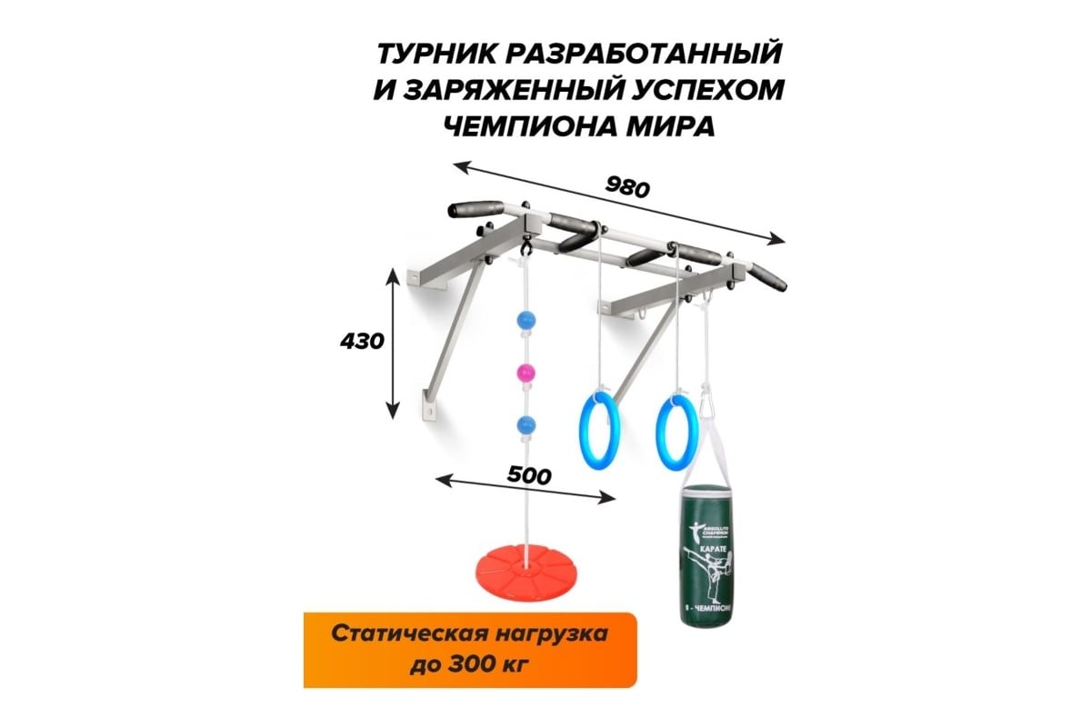 Турник Absolute Champion Оптимист тарзанка, груша, кольца, белый с черными  ручками АЧАЧ10046