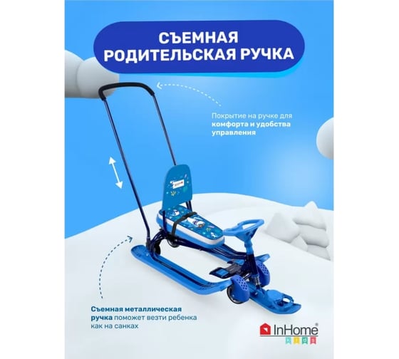 Снегокат InHome со спинкой, толкателем, колесами, акулы на синем/синий каркас INWSR3/3