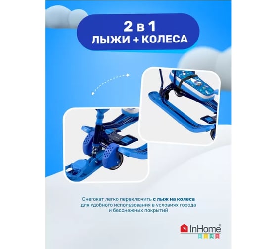Снегокат InHome со спинкой, толкателем, колесами, акулы на синем/синий каркас INWSR3/3