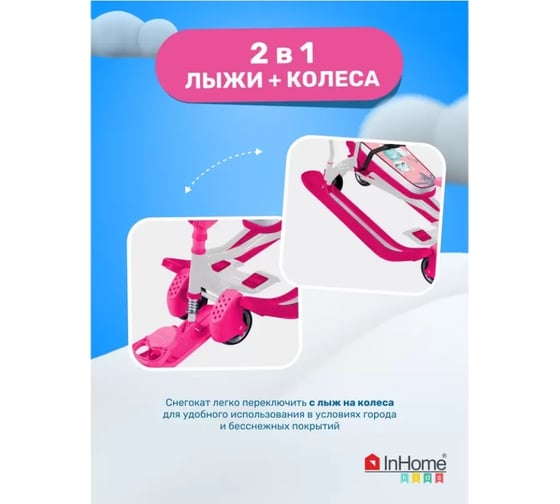 Снегокат InHome со спинкой, толкателем, колесами, лама на розовом/белый каркас INWSR3/1