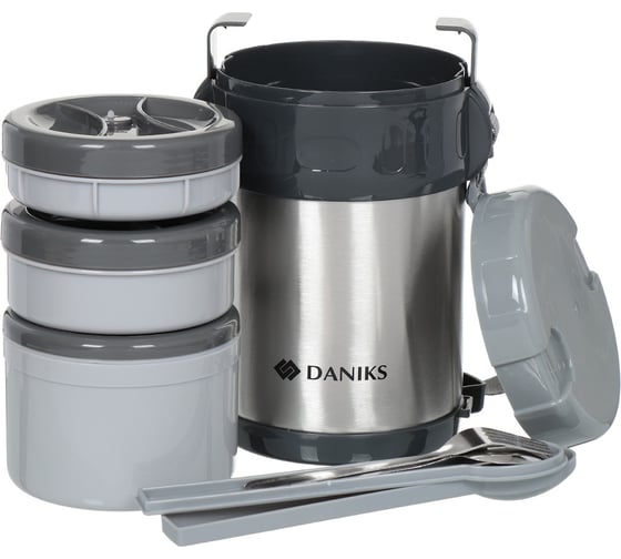 Термос для еды DANIKS, нерж, 2 л, шир.горл, колба нерж, с ложкой и вилкой, серебр, sl-200my 316133
