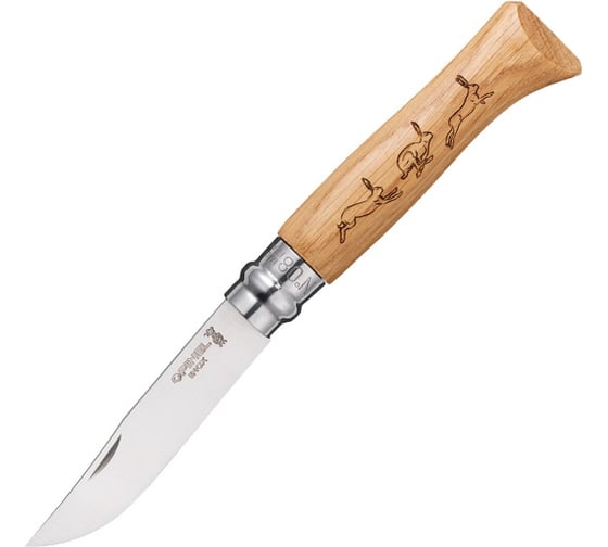 Нож, нержавеющая сталь, рукоять дуб, гравировка заяц Opinel №8 Animalia 1623