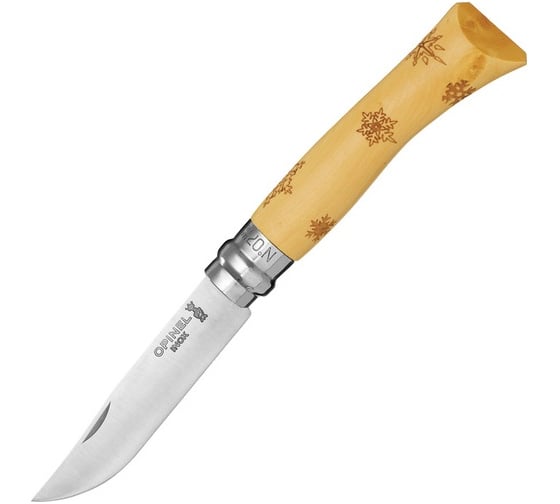 Нож, нержавеющая сталь, рукоять самшит, гравировка снежинки Opinel №7 Nature 1553