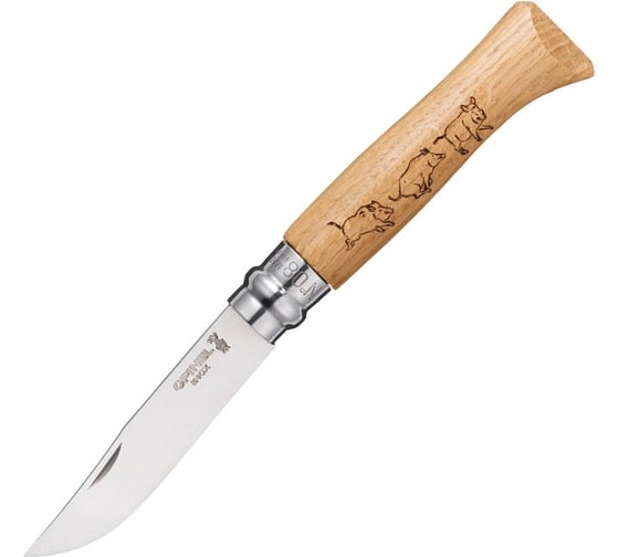 Нож №8, нержавеющая сталь, рукоять дуб, гравировка кабан Opinel Animalia 1624