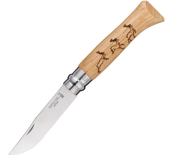 Нож №8, нержавеющая сталь, рукоять дуб, гравировка олени Opinel Animalia 1620