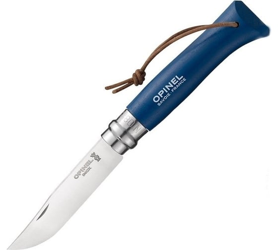Нож №8, нержавеющая сталь, кожаный темляк, синий Opinel Trekking 1704 1