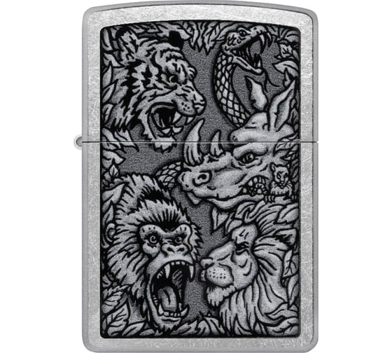 Зажигалка Zippo Jungle Design с покрытием Street Chrome, латунь/сталь, серебристая, 38x13x57 мм 48567