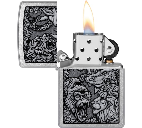 Зажигалка Zippo Jungle Design с покрытием Street Chrome, латунь/сталь, серебристая, 38x13x57 мм 48567