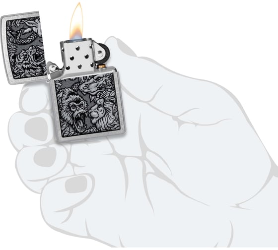 Зажигалка Zippo Jungle Design с покрытием Street Chrome, латунь/сталь, серебристая, 38x13x57 мм 48567
