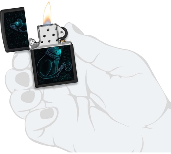 Зажигалка Zippo Spiritual Cat с покрытием Black Light, латунь/сталь, черная, матовая 38x13x57 мм 48582