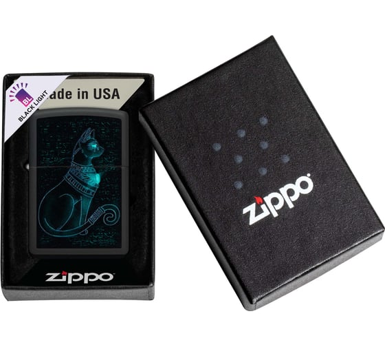 Зажигалка Zippo Spiritual Cat с покрытием Black Light, латунь/сталь, черная, матовая 38x13x57 мм 48582