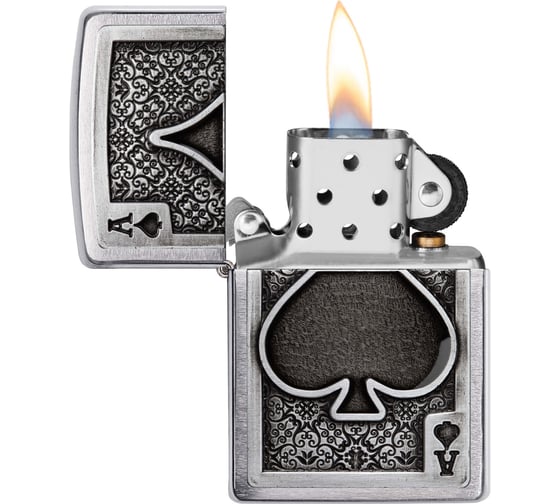 Зажигалка Zippo Ace Of Spades с покрытием Brushed Chrome, латунь/сталь, серебристая, 38x13x57 мм 49637