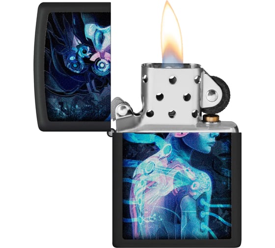 Зажигалка Zippo Cyborg Woman с покрытием Black Light, латунь/сталь, черная, матовая 38x13x57 мм 48517