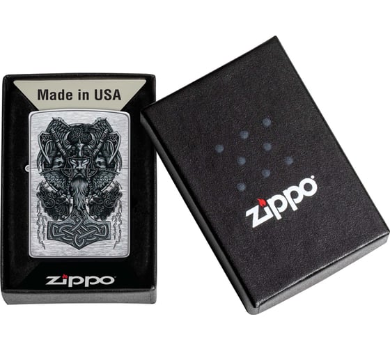 Зажигалка Zippo Viking Design с покрытием Brushed Chrome, латунь/сталь, серебристая, 38x13x57 мм 49777