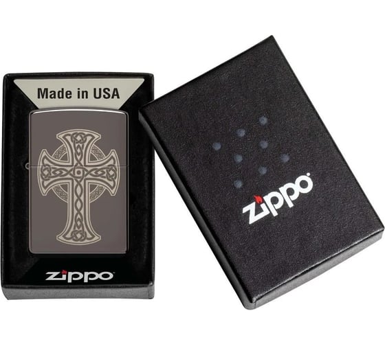 Зажигалка Zippo Celtic Cross Design с покрытием Black Ice, латунь/сталь, черная, 38x13x57 мм 48614