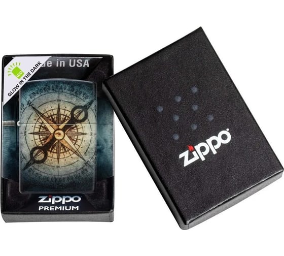 Зажигалка Zippo Compass Ghost с покрытием Glow In The Dark Green, латунь/сталь, черная, 38x13x57 мм 48562