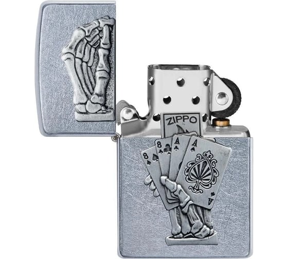 Зажигалка Zippo Dead Mans Hand с покрытием Street Chrome, латунь/сталь, серебристая, 38x13x57 мм 49536