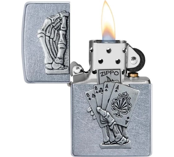Зажигалка Zippo Dead Mans Hand с покрытием Street Chrome, латунь/сталь, серебристая, 38x13x57 мм 49536
