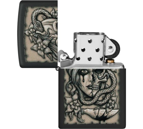 Зажигалка Zippo Gory Tattoo с покрытием Black Matte, латунь/сталь, черная, матовая, 38x13x57 мм 48616