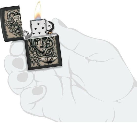 Зажигалка Zippo Gory Tattoo с покрытием Black Matte, латунь/сталь, черная, матовая, 38x13x57 мм 48616
