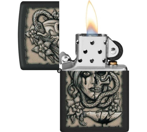 Зажигалка Zippo Gory Tattoo с покрытием Black Matte, латунь/сталь, черная, матовая, 38x13x57 мм 48616
