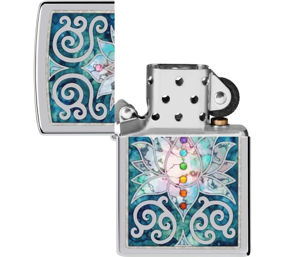 Зажигалка Zippo Lotus Flower с покрытием High Polish Chrome, латунь/сталь, серебристая, 38x13x57 мм 48592