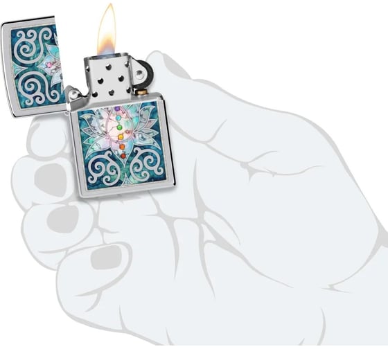 Зажигалка Zippo Lotus Flower с покрытием High Polish Chrome, латунь/сталь, серебристая, 38x13x57 мм 48592