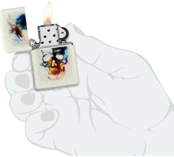Зажигалка Zippo Skull Design с покрытием Glow In The Dark Green, латунь/сталь, белая, 38x13x57 мм 48563