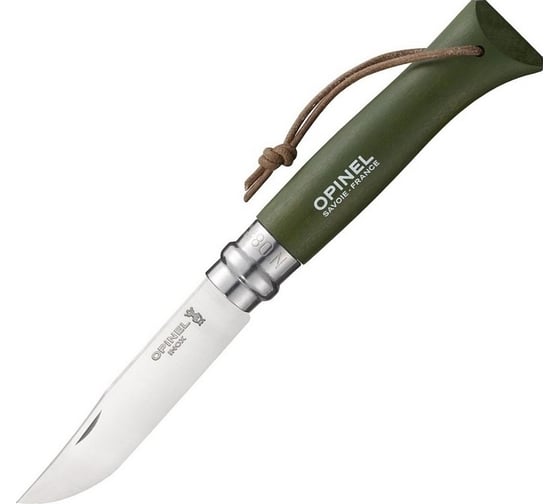 Нож №8, нержавеющая сталь, кожаный темляк, хаки Opinel Trekking 1703