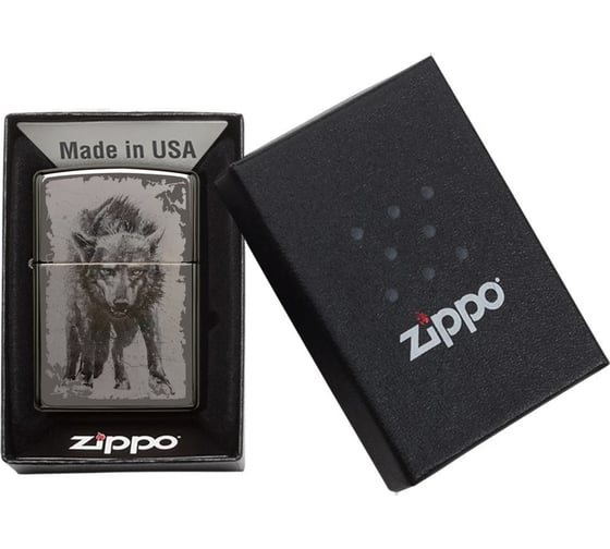 Зажигалка Zippo Wolf Design с покрытием Black Ice, латунь/сталь, чёрная, глянцевая 49073