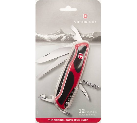 Нож Victorinox RangerGrip 55, 130 мм, 12 функций, красный с чёрным, блистер 0.9563.CB1
