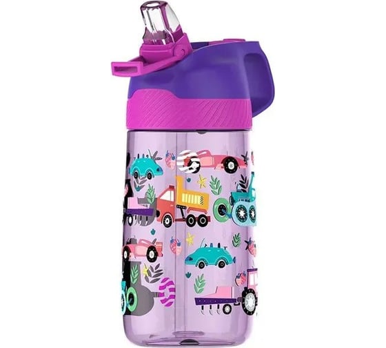 Пластиковая детская бутылка FJBOTTLE KJ-YY450 фиолетовая, машины, с соломинкой, 0.450 мл 450.0945
