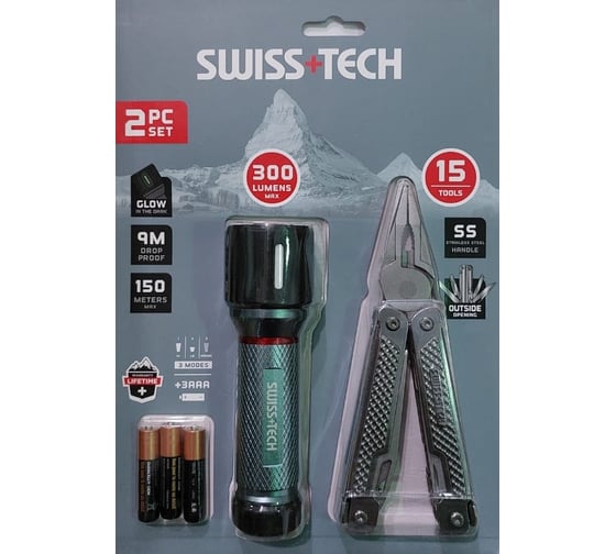 Набор Swiss+Tech мультитул-пассатижи, фонарик ST001041