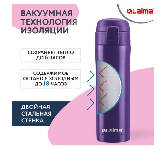 Термокружка LAIMA с двойной стальной стенкой, 470 мл, фиолетовый матовый 608825