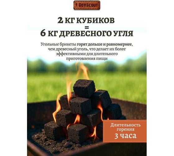 Уголь брикетированный BOYSCOUT КУБИКИ длительного горения 2 кг 61630