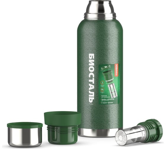 Термос Biostal Охота 1.2 л, 2 чашки, с ситечком, зеленый NBR-1200Z-G
