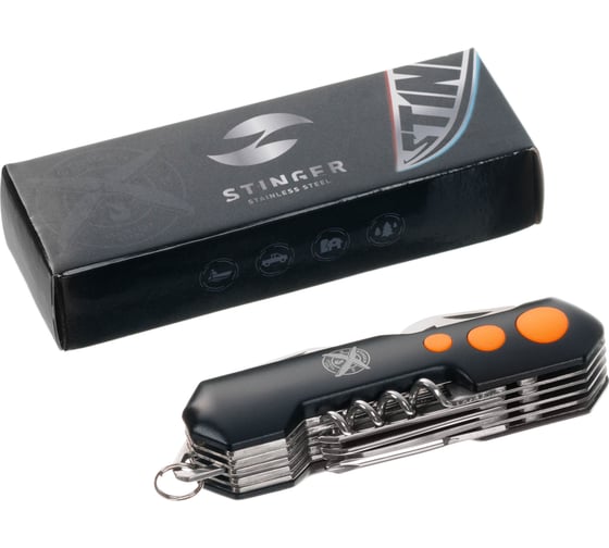 Нож перочинный STINGER 96 мм, 15 функций, материал рукояти: алюминий, PP, черный/оранжевый FK-KO5011LG3