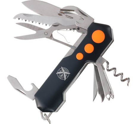 Нож перочинный Stinger 96 мм, 15 функций, материал рукояти: алюминий, PP, черный/оранжевый, блистер FK-KO5011LG3B