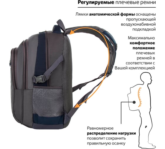 Рюкзак BRAUBERG MainStream 2 размер 45х32х19 см, серо-синий, 224446