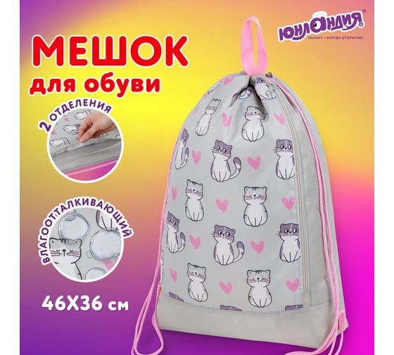 Мешок для обуви с ручками ЮНЛАНДИЯ боковой карман на молнии, 46x36 см, Kitties 272407