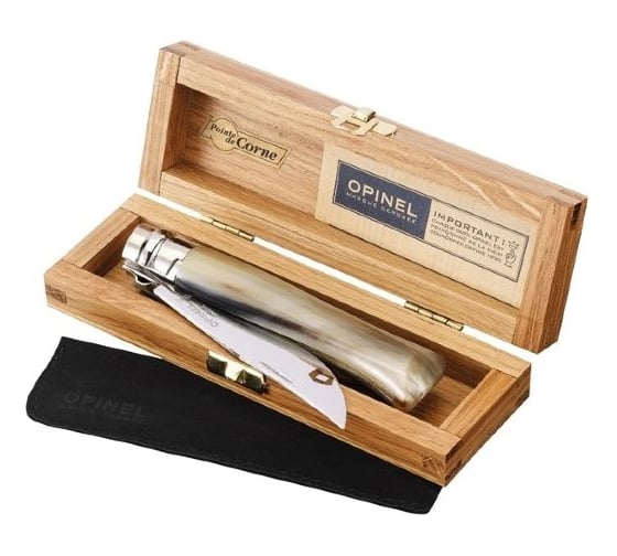 Нож Opinel №8, нержавеющая сталь, полированный клинок, рукоять светлый рог буйвола, дерев. футляр, 000980