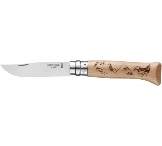 Нож Opinel №8 Alpine adventures, нержавеющая сталь, рукоять дуб, гравировка пеший туризм, 002186 1