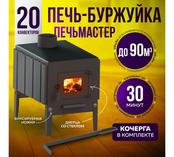 Печь буржуйка ПЕЧЬМАСТЕР КОМФОРТ ПЛЮС 70, со стеклянной дверцей PBM-70GL