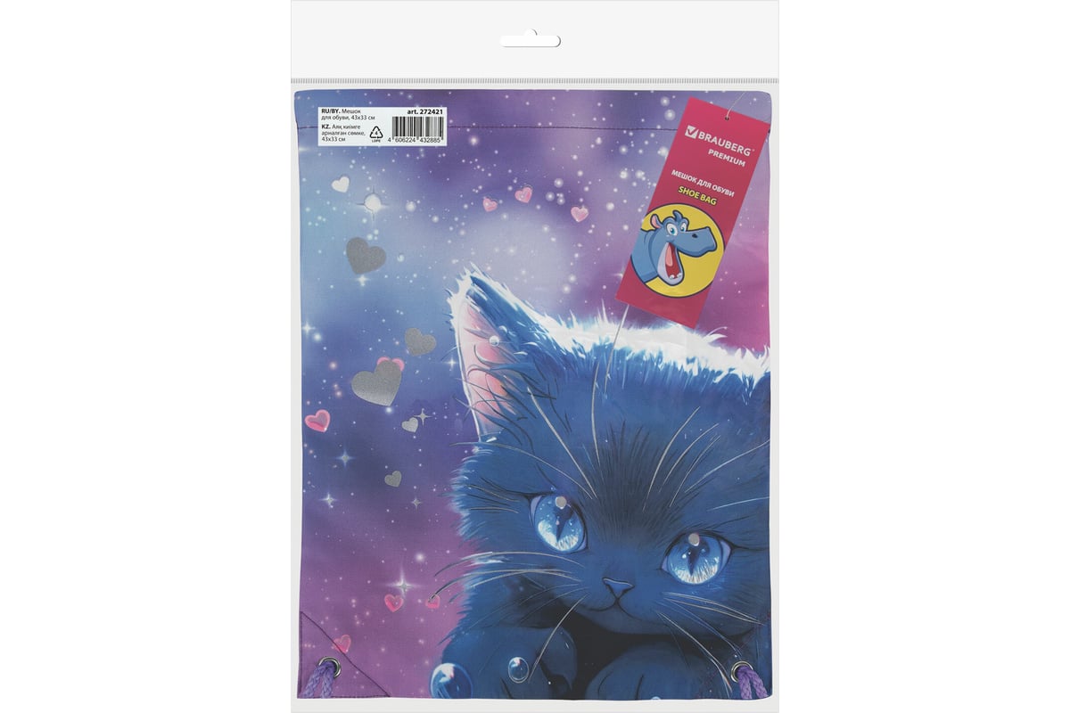 Мешок для обуви BRAUBERG Premium, карман, подкладка, светоотражайка, 43x33  см, Anime cat 272421 - выгодная цена, отзывы, характеристики, фото - купить  в Москве и РФ