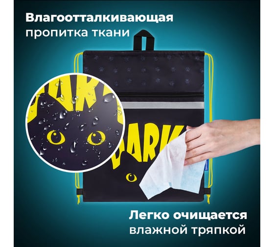 Мешок для обуви BRAUBERG с петлей, светоотражающая полоса, 2 отделения, 46x36 см, Dark cat 272394