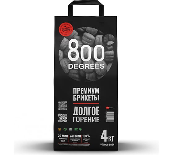 Уголь в брикетах 800 Degrees Premium Долгое Горение, мешок 4 кг 800DGR-PB04