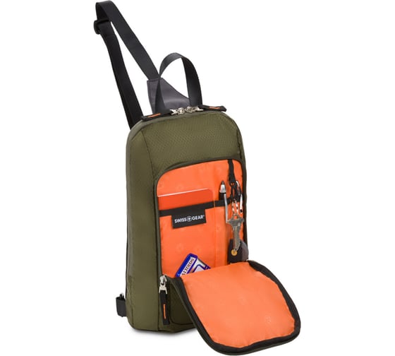 Рюкзак с одним плечевым ремнем SWISSGEAR зеленый/оранжевый, полиэстер рип-стоп, 18х5х33 см, 4 л 3992606550