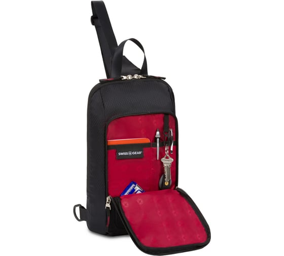 Рюкзак с одним плечевым ремнем SWISSGEAR черный/красный, полиэстер рип-стоп, 18х5х33 см, 4 л 3992202550