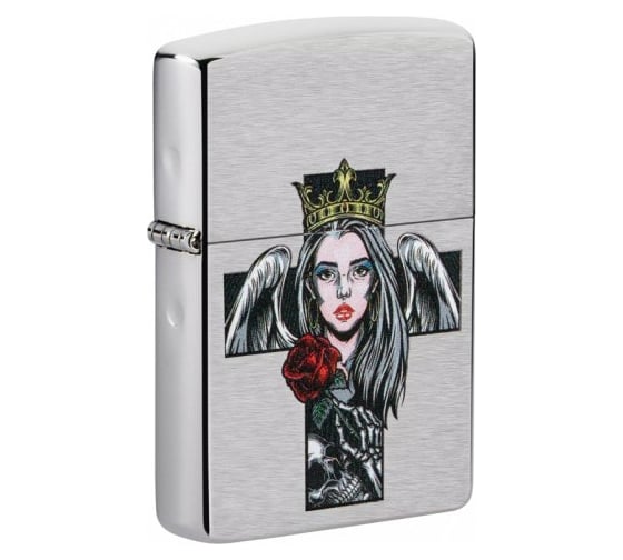 Зажигалка ZIPPO Cross Queen & Skull с покрытием Brushed Chrome, серебристая, 38x13x57 мм, 49262