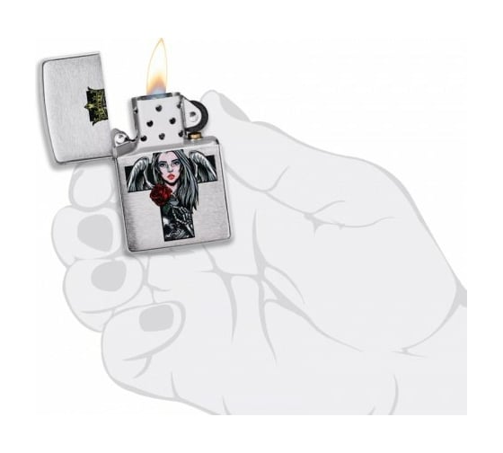 Зажигалка ZIPPO Cross Queen & Skull с покрытием Brushed Chrome, серебристая, 38x13x57 мм, 49262